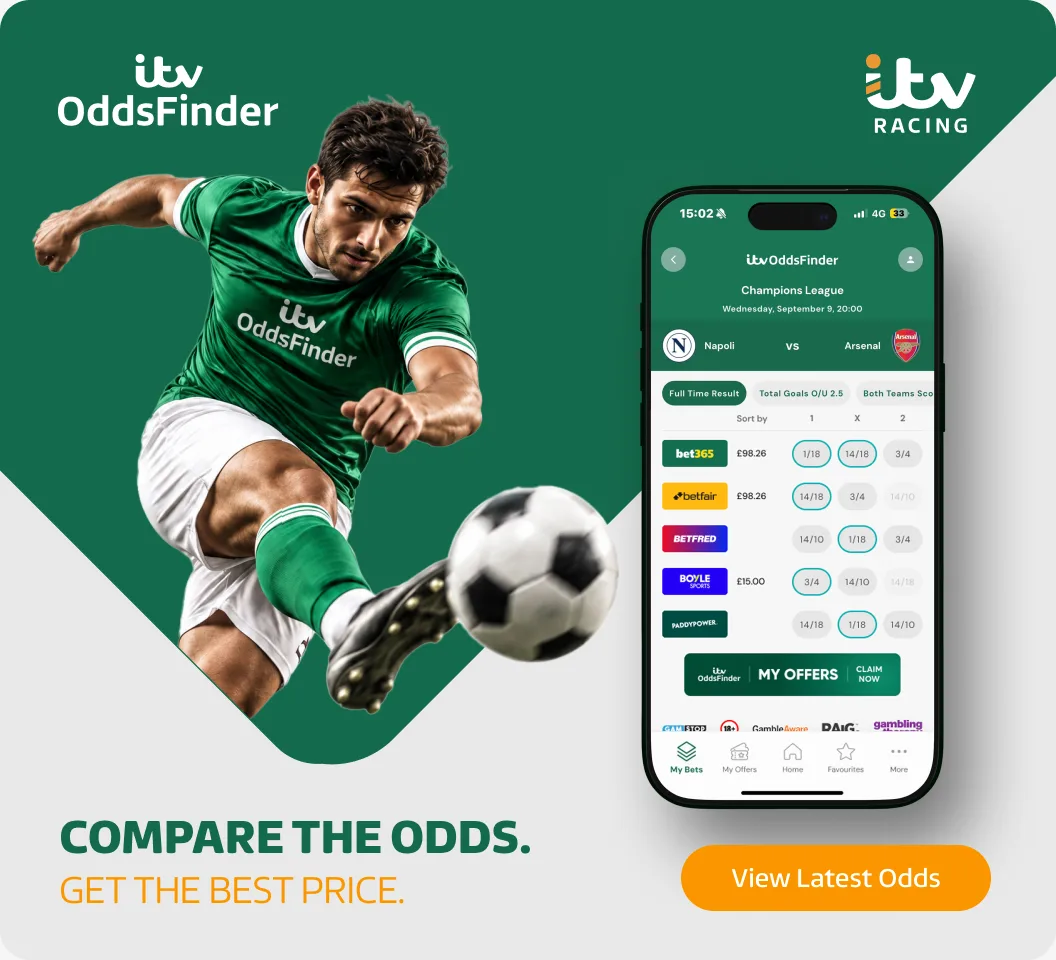 Footballer striking the ball beside the ITV OddsFinder app: compare the odds, get the best price.