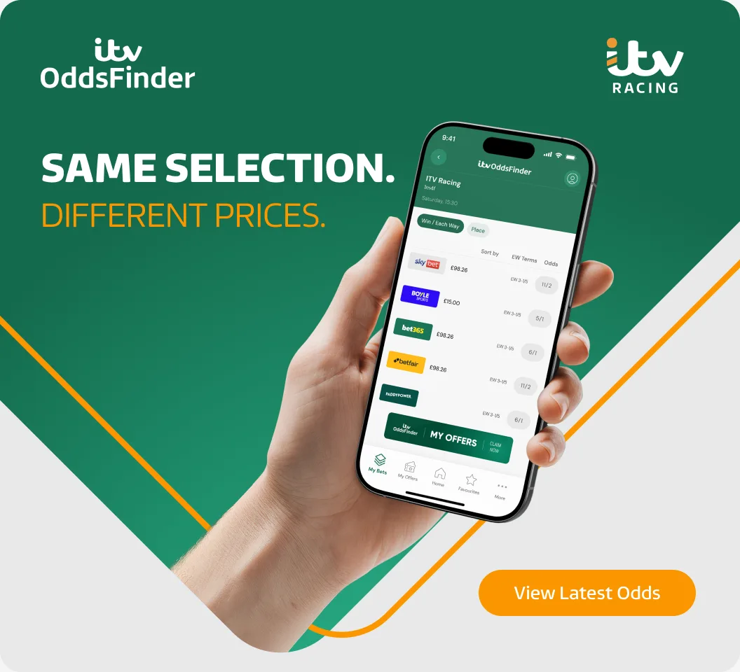 ITV OddsFinder app comparing bookmaker prices: same selection, different prices.