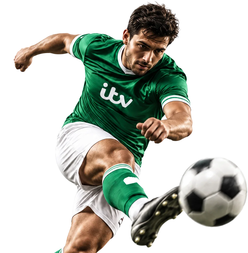 Footballer in an ITV OddsFinder shirt striking the ball