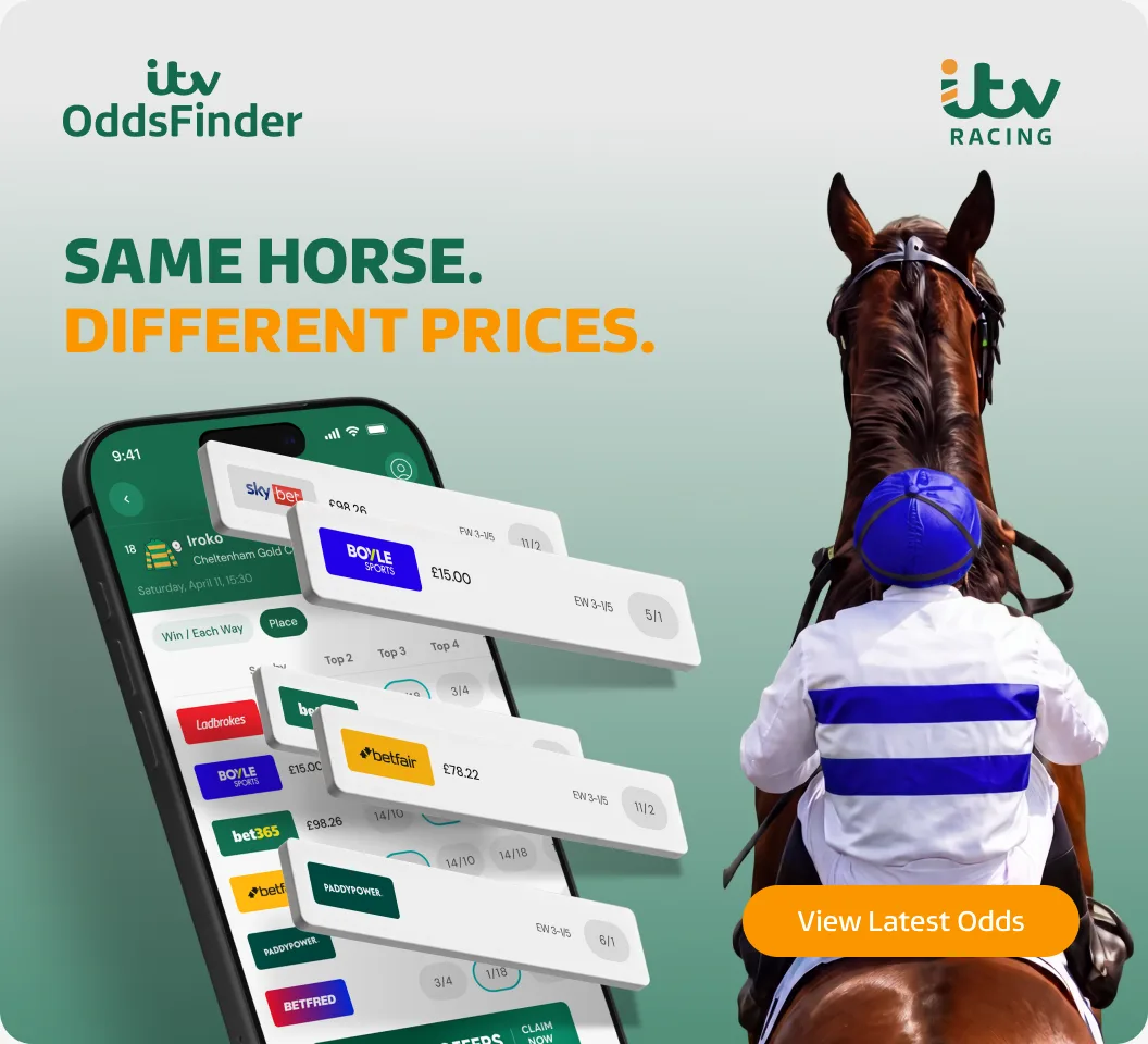 ITV OddsFinder app comparing prices for the same horse across bookmakers: same horse, different prices.