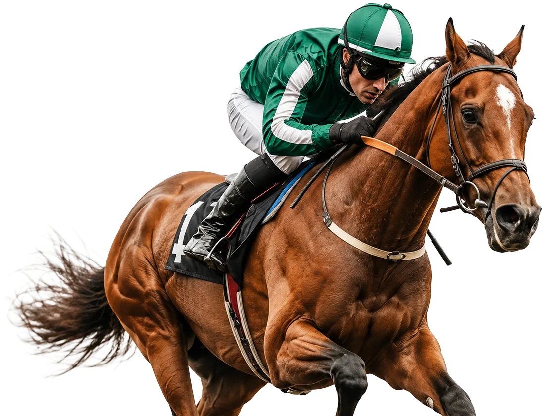 Jockey in green silks riding a racehorse at full gallop