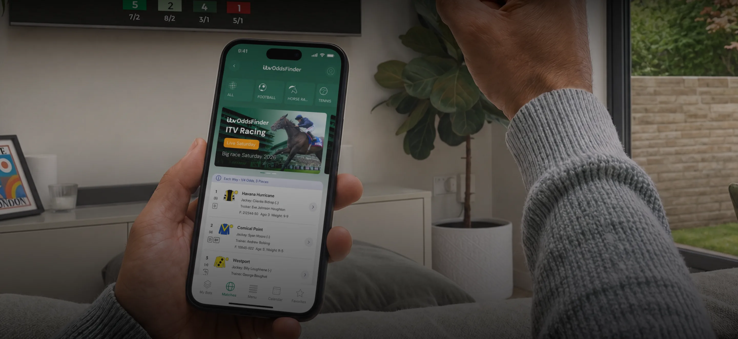 ITV OddsFinder app on a smartphone showing live racing odds