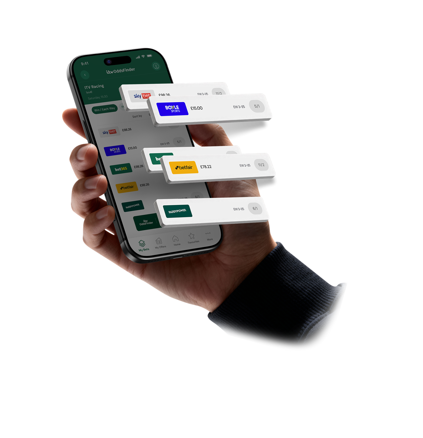ITV OddsFinder app showing odds from multiple bookmakers