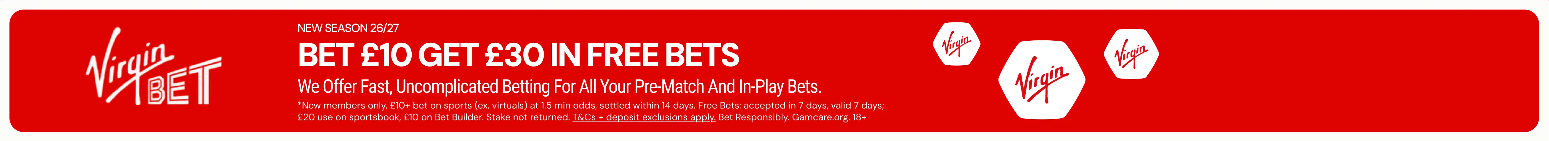Virgin Bet offer — Bet £10 get £30 in free bets